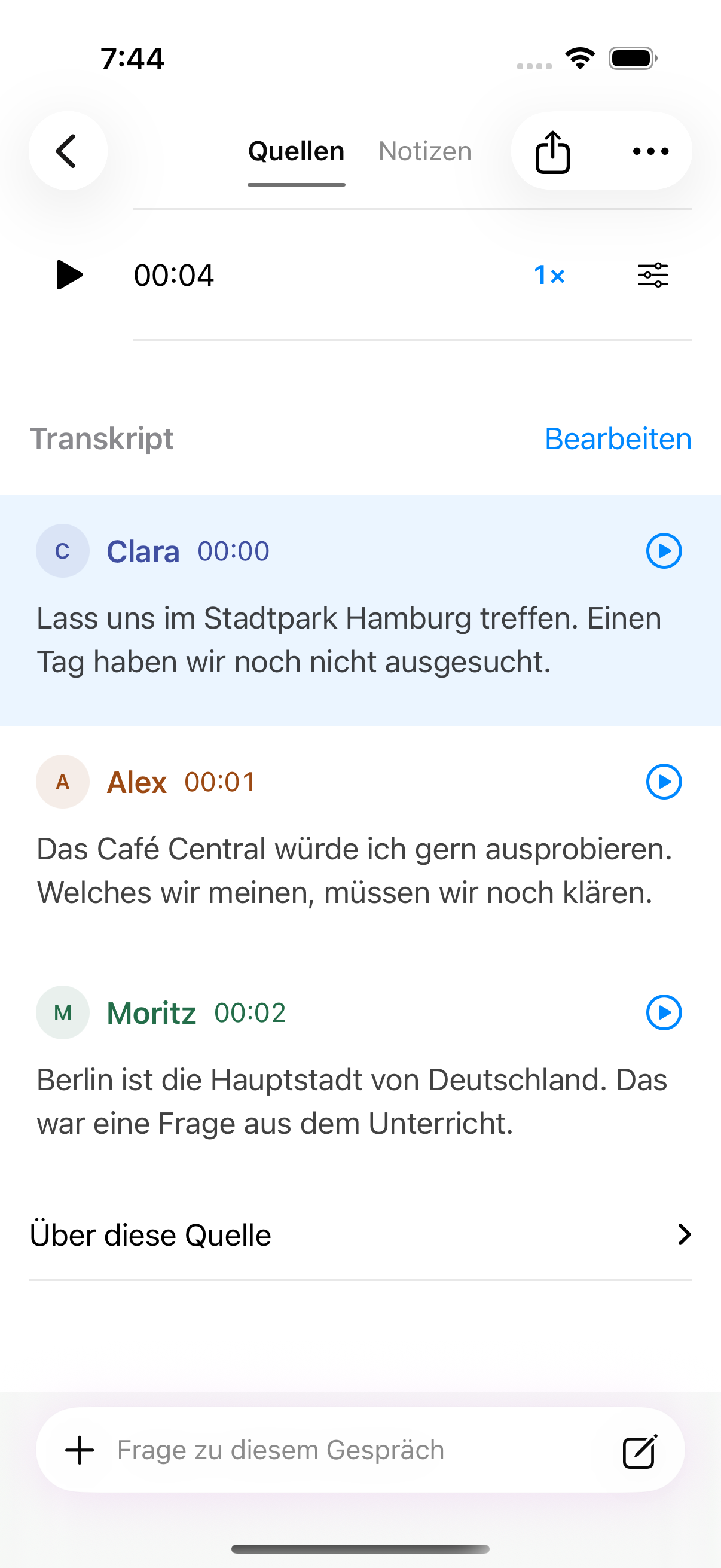 Originales Clarity-Transkript mit markierter Quelle: Treffen im Stadtpark Hamburg, noch ohne gewählten Tag