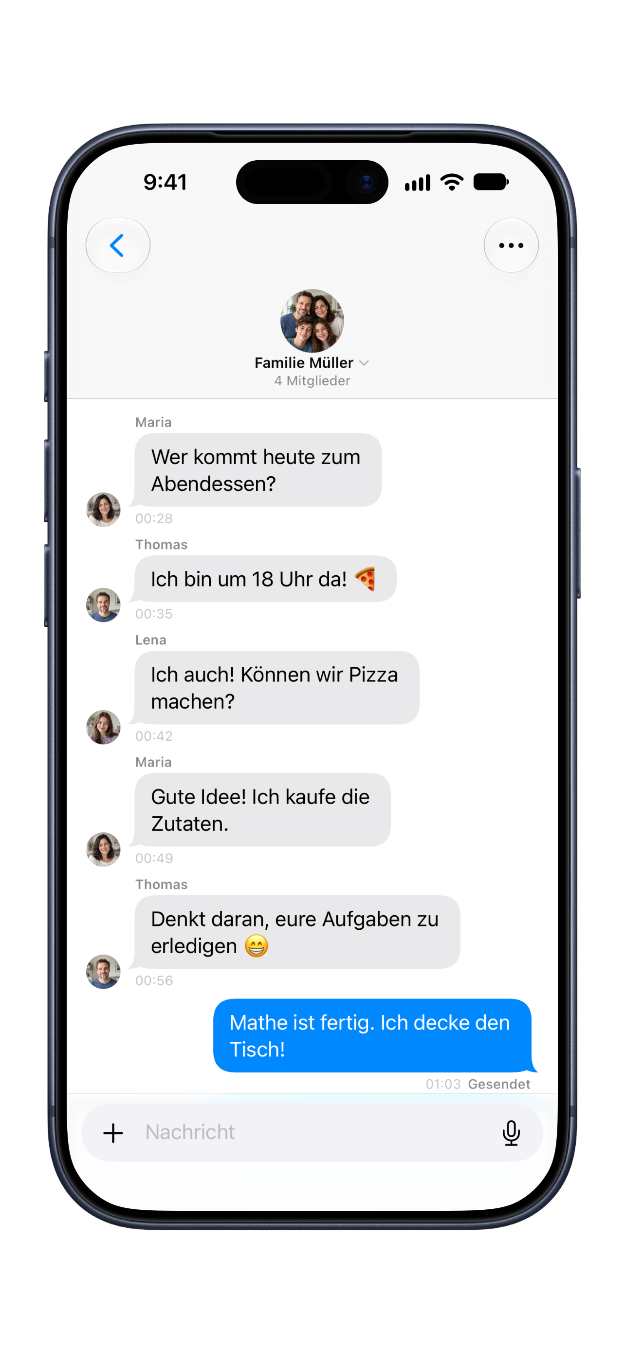 Clarity Familienchat mit einer Beispielunterhaltung zum gemeinsamen Abendessen