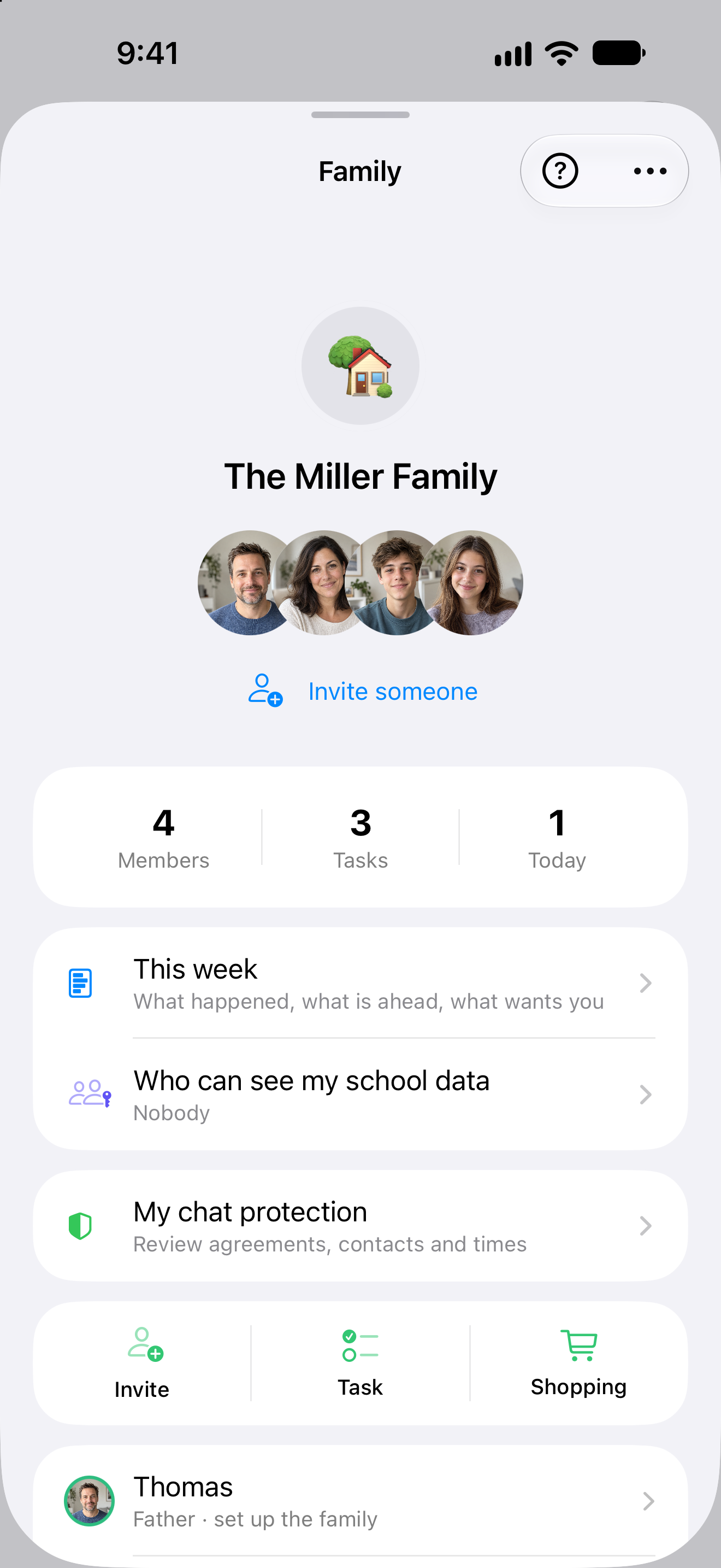 Clarity Family Hub with a fictional household, weekly view, tasks and shopping