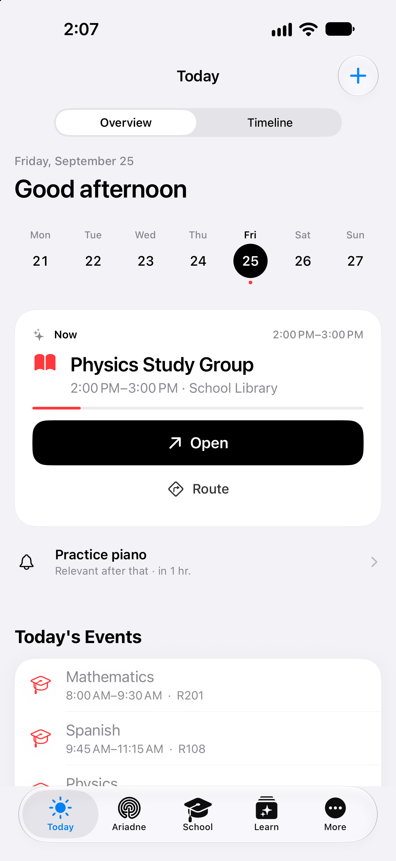 Clarity Today showing a study group, the week and the next task