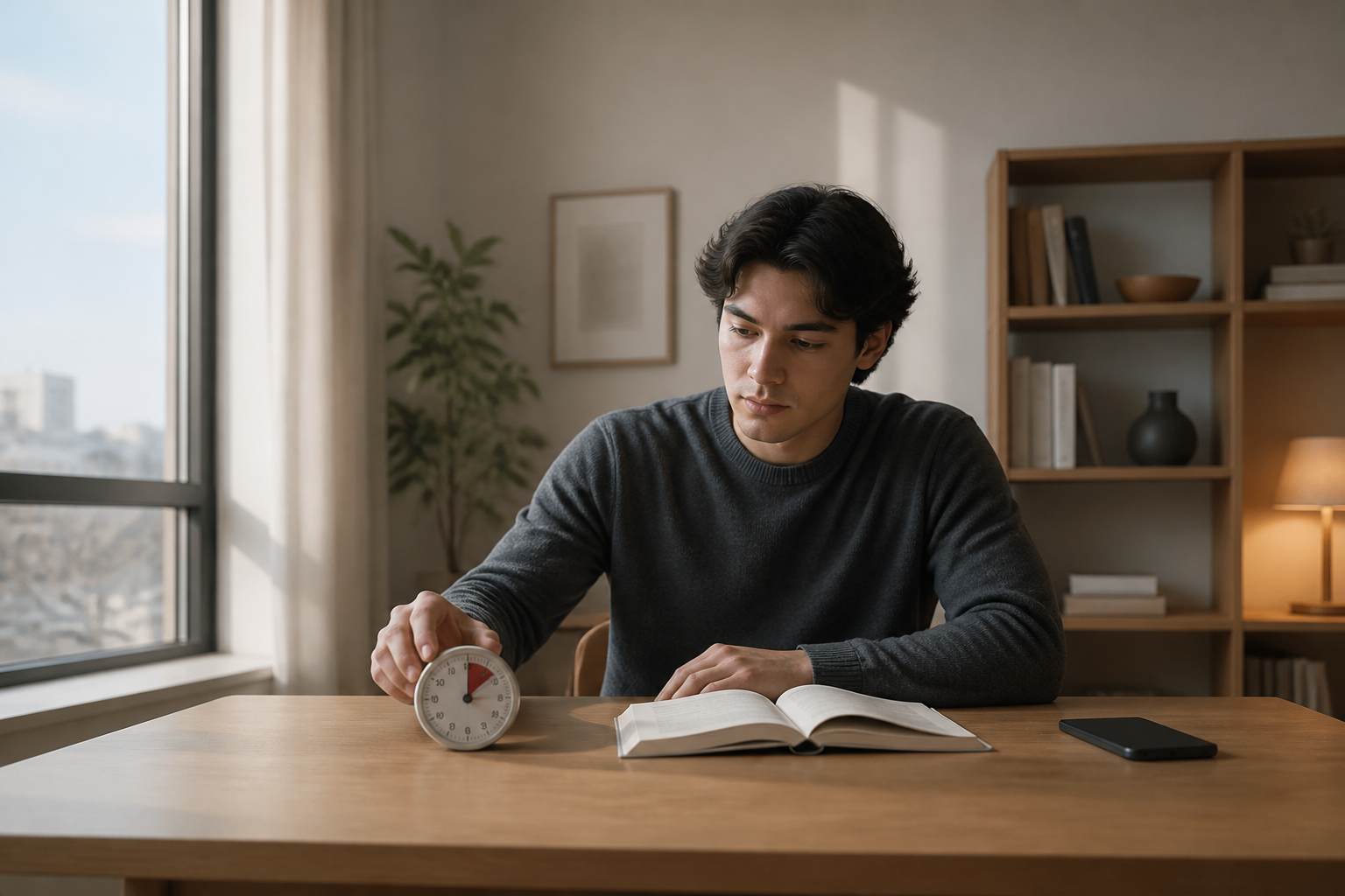 A student setting an analogue timer beside an open book